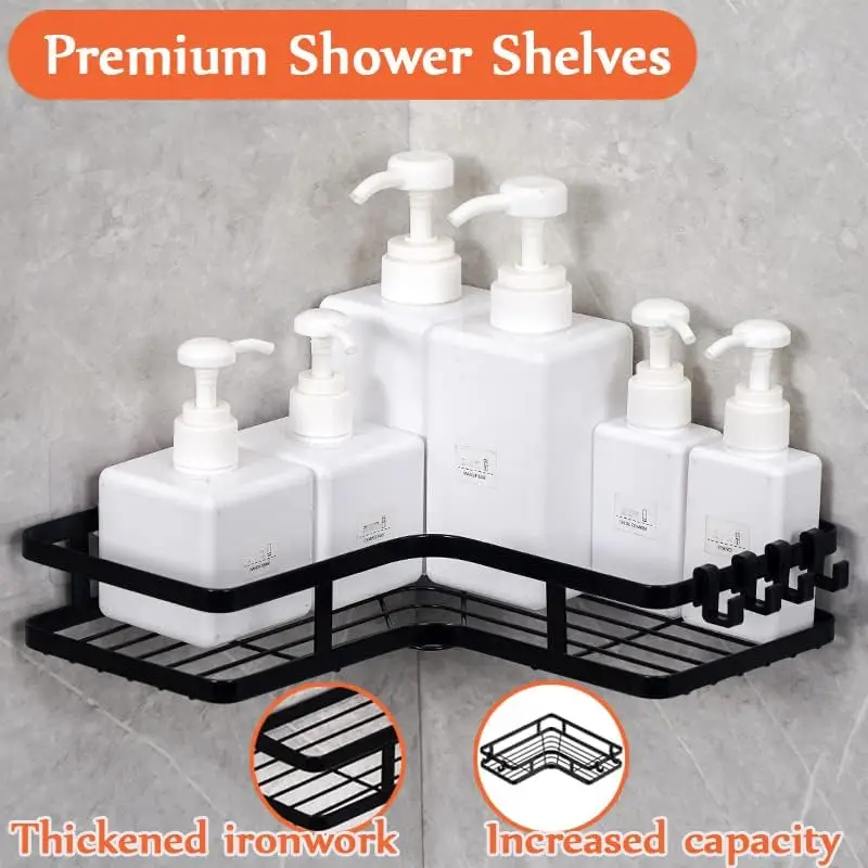 2 Pack Metal  black Adhesive no drilling bathroom corner shelf Adhesive Shelves No Drilling Shower Organiser with 4 Hooks