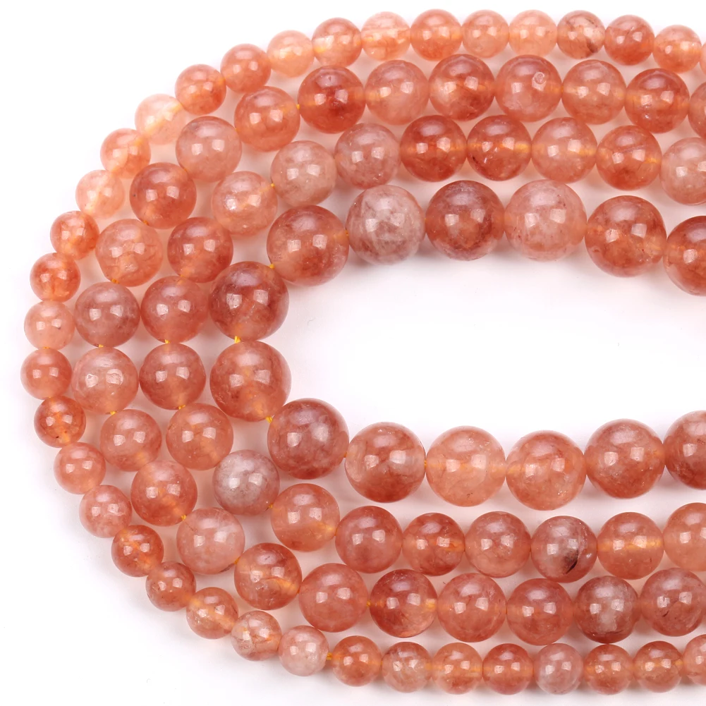 AsVrai U Natural Stone Sunstone Jade Bead Pink Smooth Round Loose Spacer Bead for Jewelry Making Supplier DIY Charm Bracelet 15