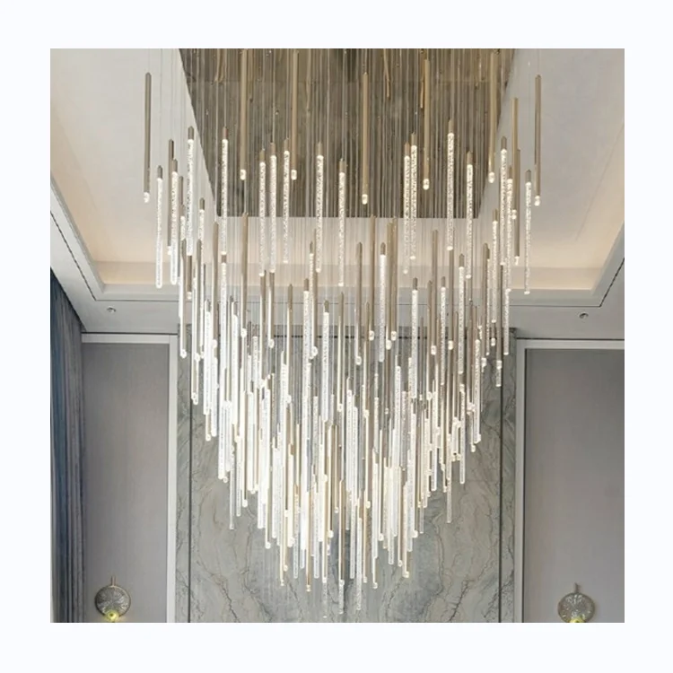 Modern crystal tube led linear pendant Light chandelier for duplex building rotary staircase villa middle loft living room