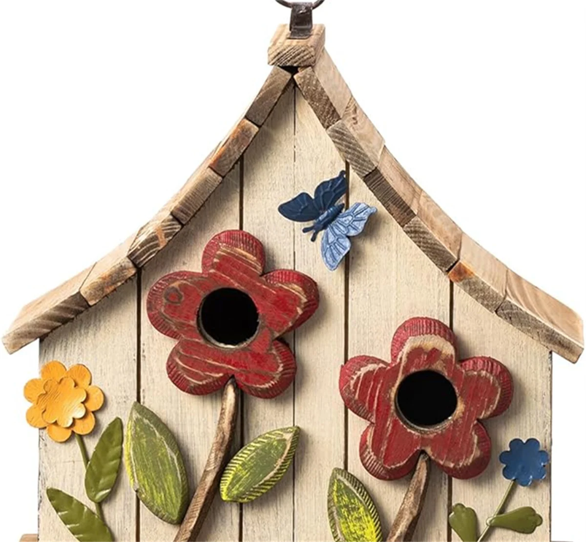 WILDMX Solid Wood Hanging Birdhouse with Flowers Rustic Two-Story Townhouse Hand-Painted Garden Bird Aviary Outdoor