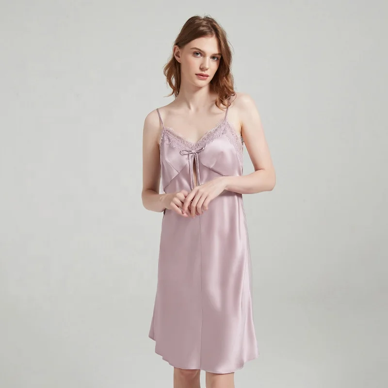Ladies good looking and healthy Summer silk satin lace slip sleeping dress,nightgown with bowknot decoration adjustable straps