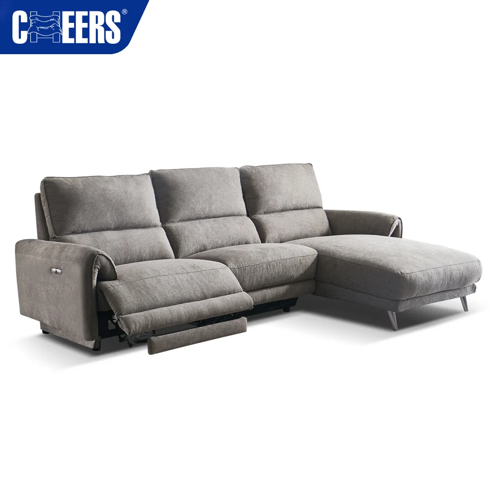 MANWAH CHEERS Euro Fabric Living Room Sofa Grey 3-Seater Power Reclining Sectional with Chaise and Console for Living Room