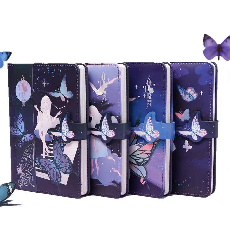 B6 PU cover CMYK printing  purple butterfly design with magnetic for closing casebound  journals printed sale cute notebook