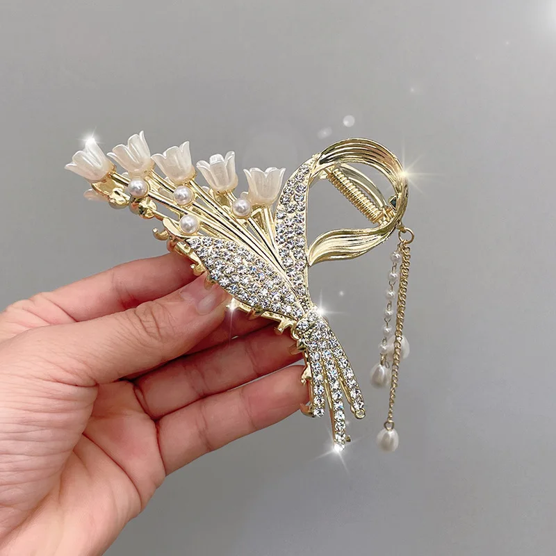 Elegant Large 13cm Hair Clip with Pearl Rhinestone and Lily of the Valley Tassel and Wheat Design