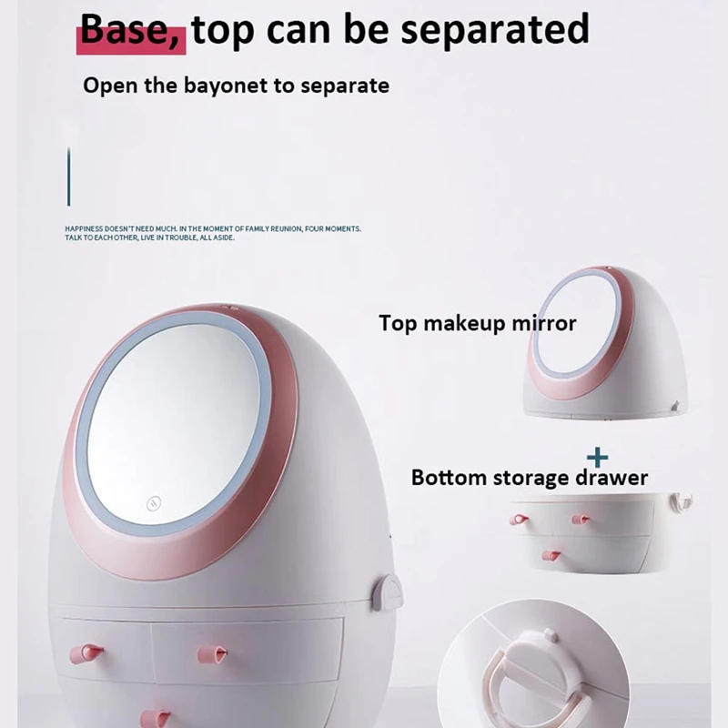 Table Dustproof Rotating Led Mirror Plastic Storage Box Case With Handle Travel Cosmetic Makeup Organizer Storage Box