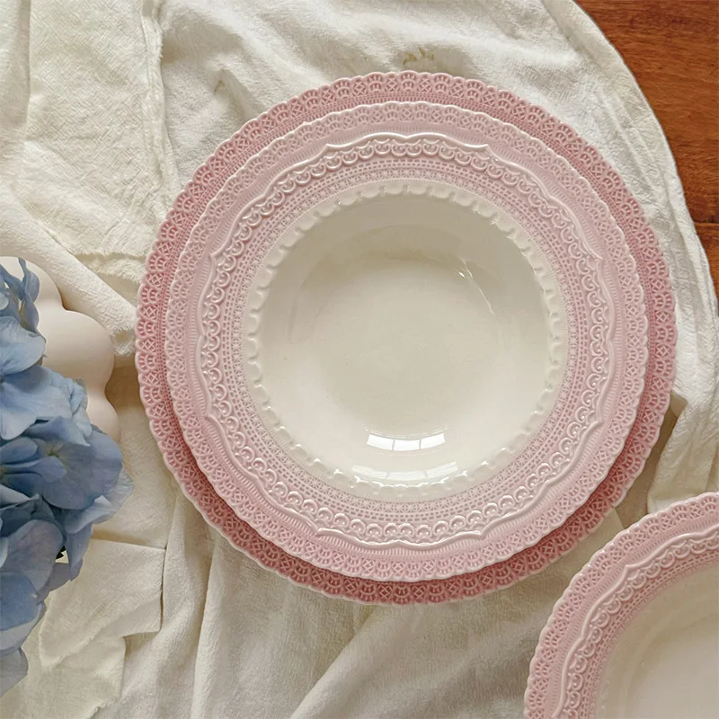 Vintage French Style Relief Pink Ceramic Plate Pasta Salad Fruit Plate Home Decoration Plate