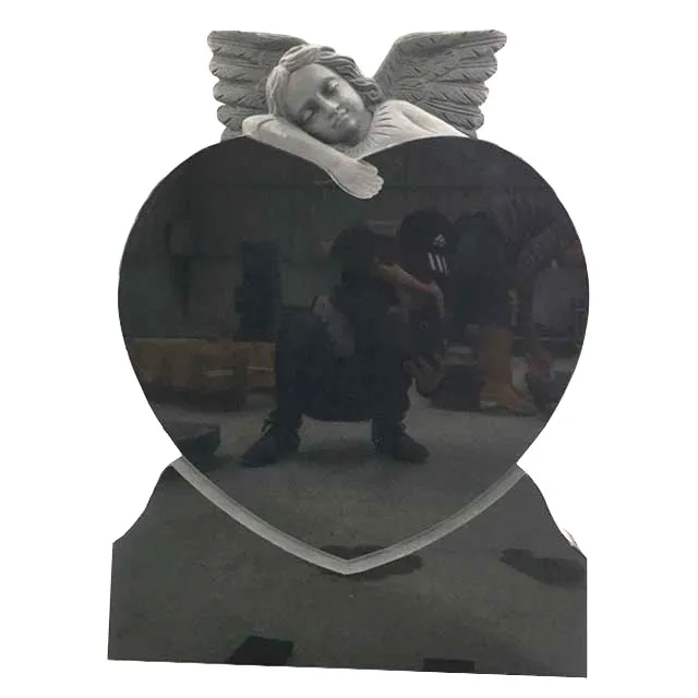 Child Angel Statue Polished Funeral Gravestone Headstone Tombstone with Carved Black Heart