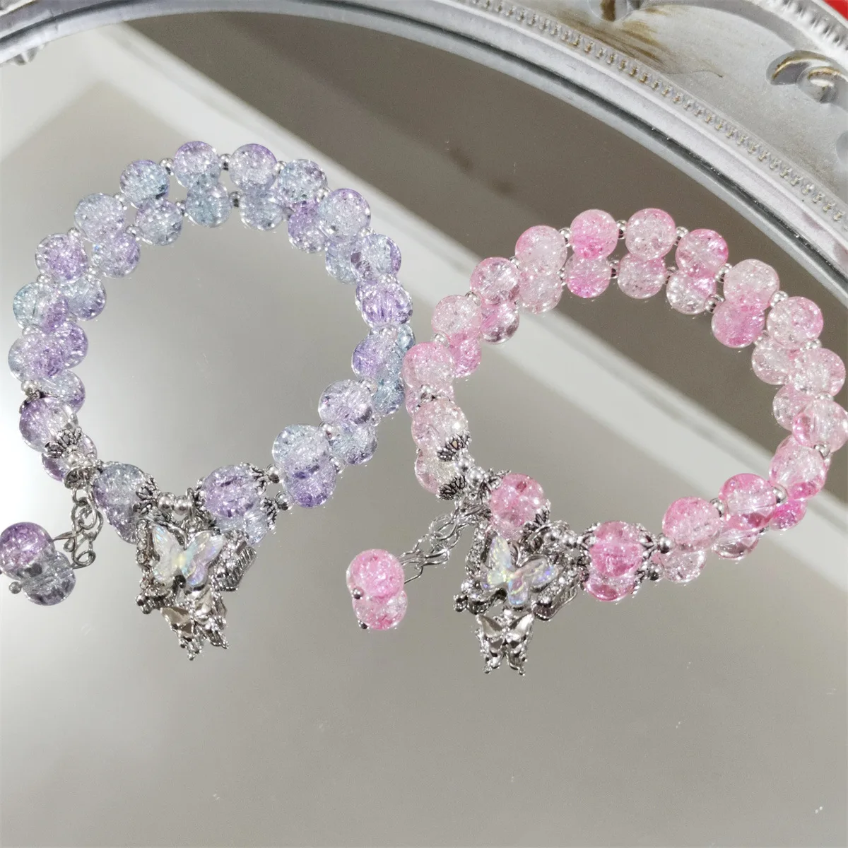 Wholesale Colourful Glass Bead Bracelet For Women Gradient Crystal Fashion Butterfly Adjustable Couple Gift Jewelry Bangles Girl