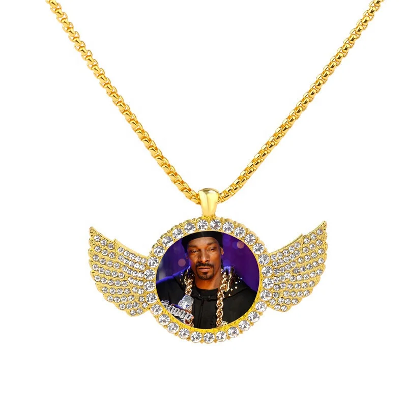 
Custom Hiphop Photo Picture Frame Necklace Pendants Angel Wing Heart Blank Bezel Rhinestone Pendant Base Trays With Glass 