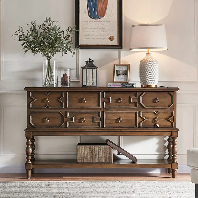 American antique style wooden sideboard hallway carved multifunctional vintage wine bowl storage sideboard cabinet