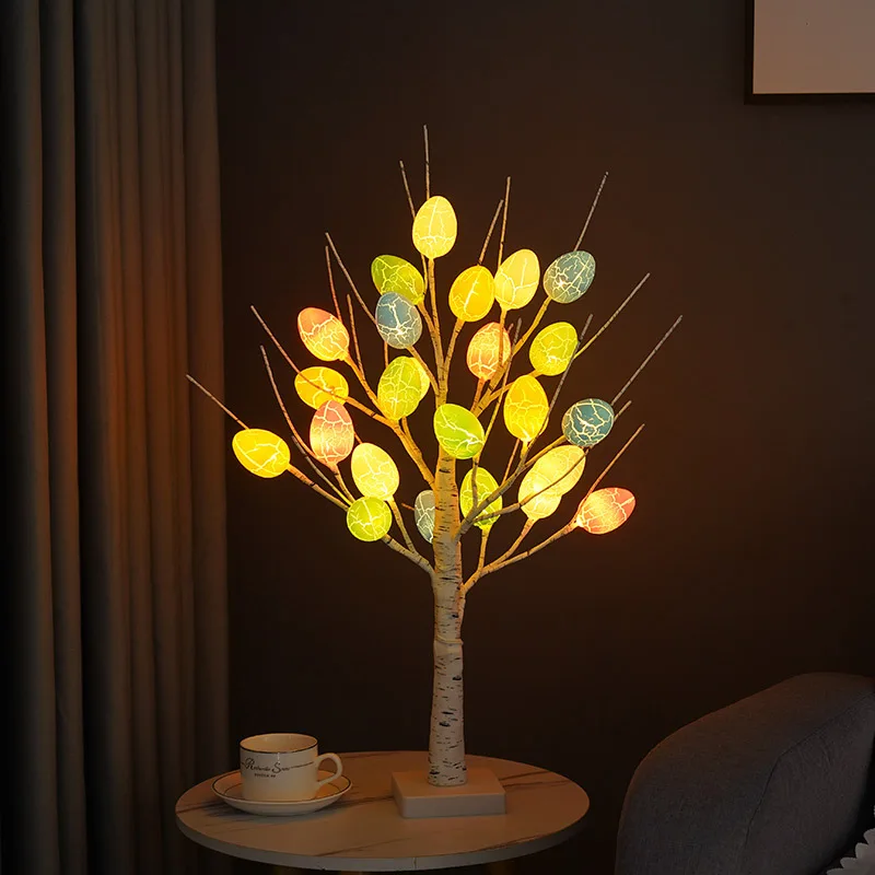 Warm White Lighted Birch Tree Tabletop Artificial Branch Tree Lamp With 24 Easter Eggs LED Bonsai Tree Light For Easter Party