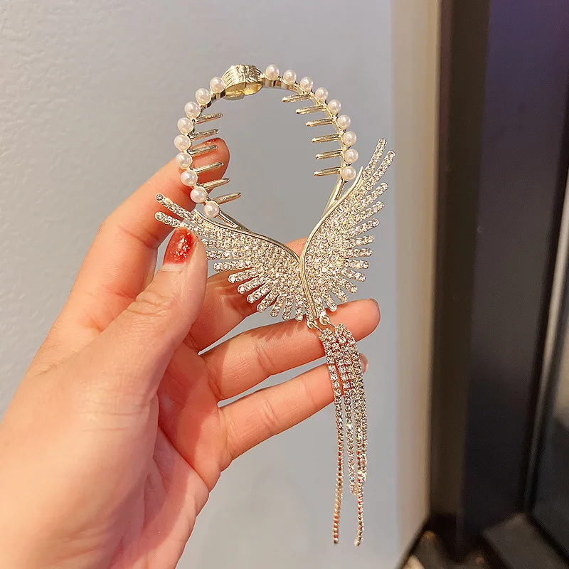 Women Pearl Hair Clip Long Tassel Full Rhinestone Hairpin Beautiful Wings Spring Hair Clip For Women Elegant Hair Jewelry