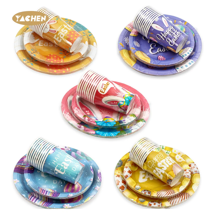 YACHEN 2024 Happy Easter Party Decoration Kids Disposable Tableware 7 9 inch Easter Paper Plates And Cups Set