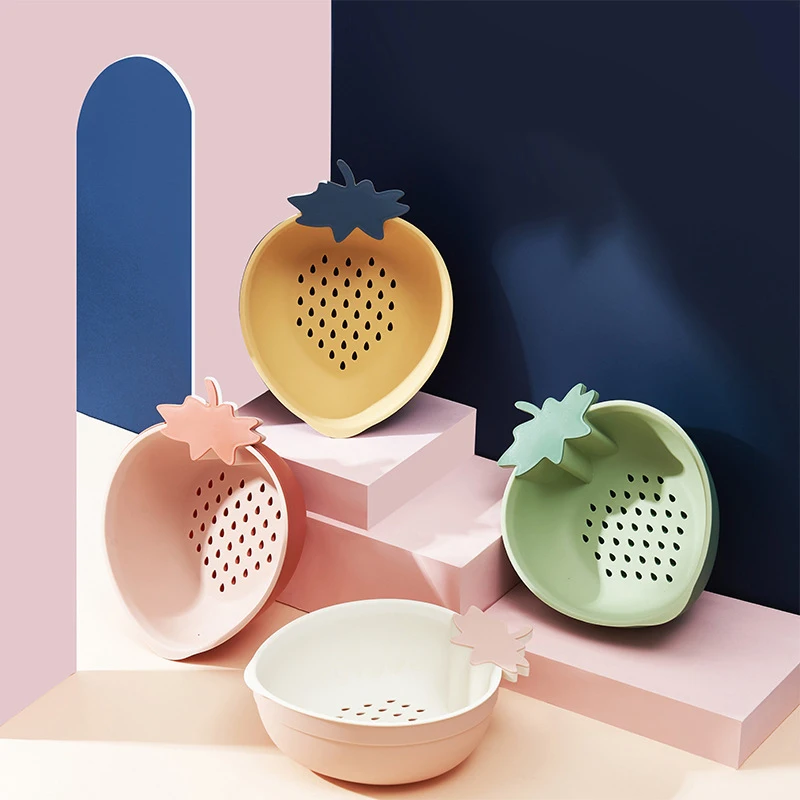 Strawberry Shape Non Slip Double Layer PP Plastic Kitchen Vegetable Fruit Drain Basket