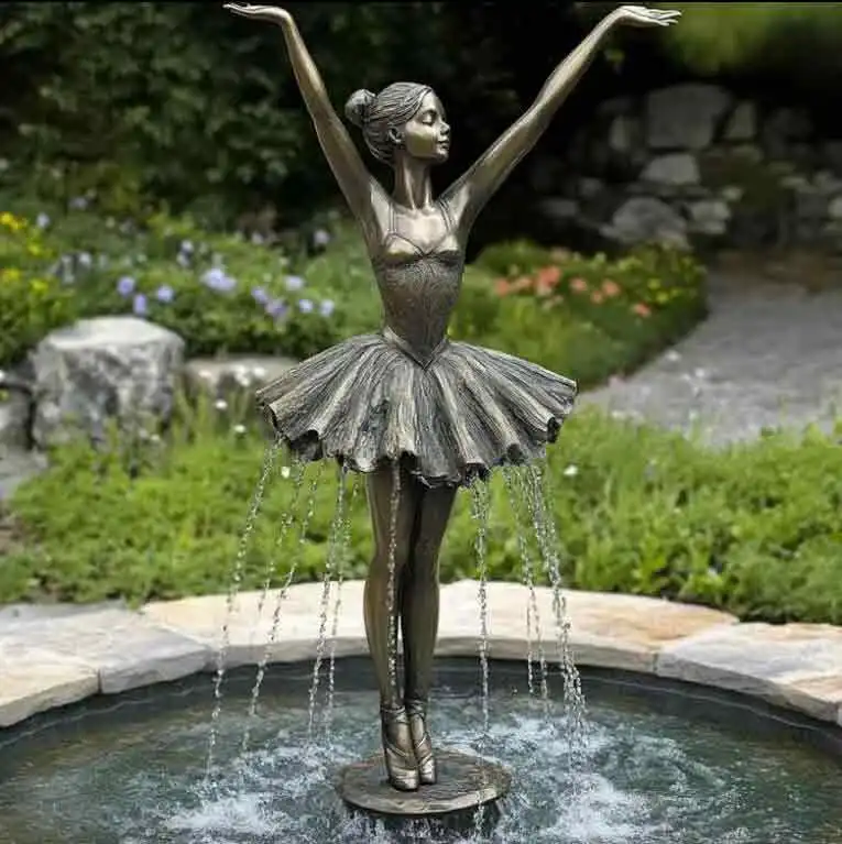 Custom public art brass ballerina statue Water skirt fountain Bronze sculpture