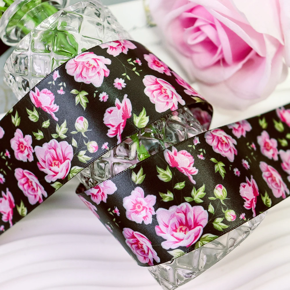 Hot Sale 1.5 inch Double Face Heat Transfer Flower Polyester Satin Ribbon 100 Yards