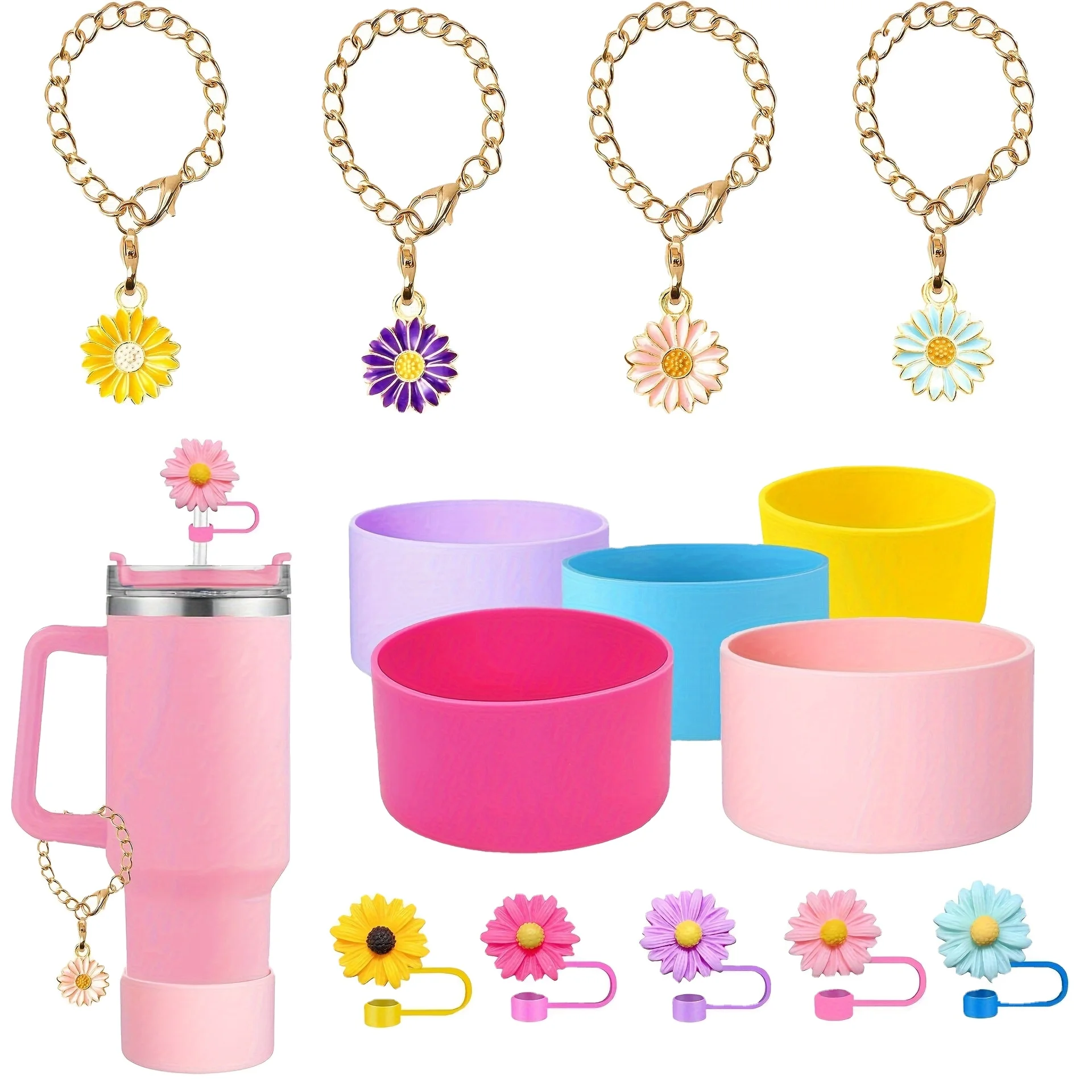 NO CUP 3 PIECES Flowers Charms Handle Chain Cup Holder  Straw Cap Dust Stopper Decoration Set