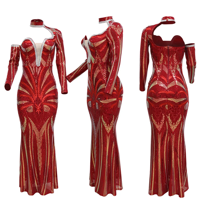 CY900126 Formal Evening Party Dress Halter Neck Long Sleeve Sweep Train Sequined Wedding Ceremony Dresses