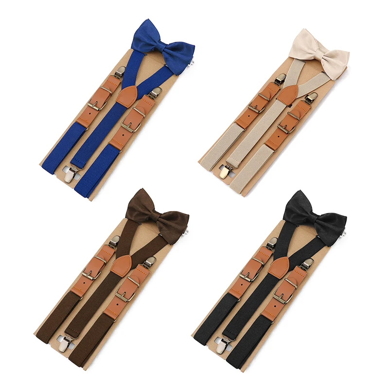 Fashion Wedding Black Elastic Y Back Bow Tie Leather Suspenders Set for Men
