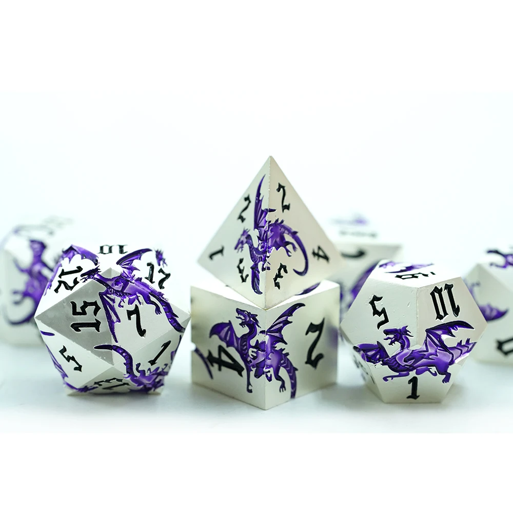 D&d Metal Dice 7 Pcs Dragon Metallic Dnd Dice Set Rpg Gaming Dice For Tabletop Game White With Purple dragon