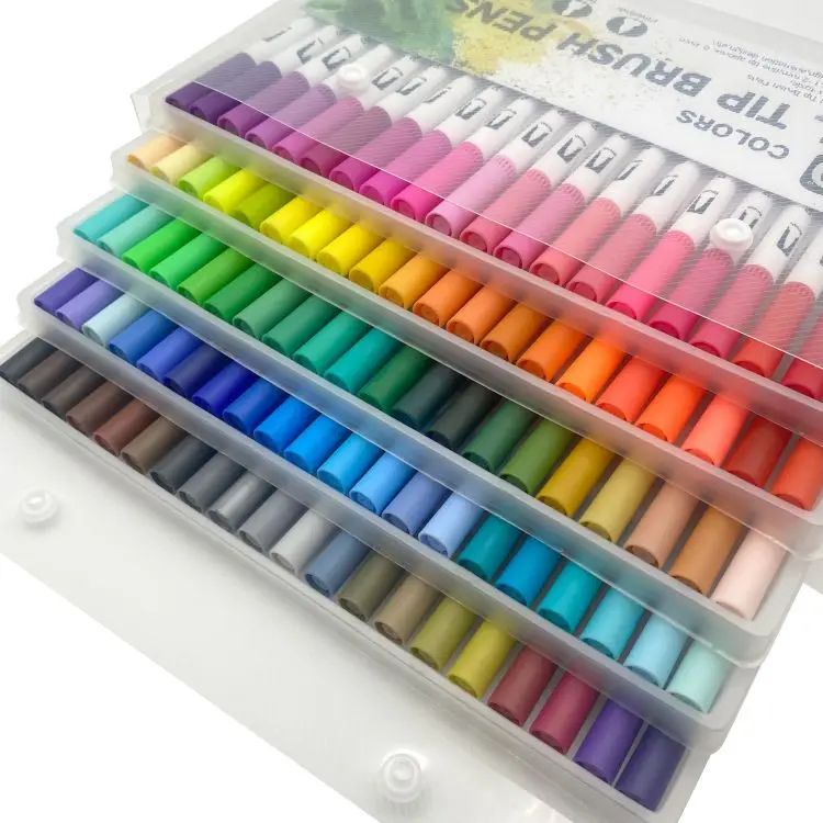 2023 factory new design dual tips watercolor brush pen with fineliner pen 100 colors water based ink brush marker pen