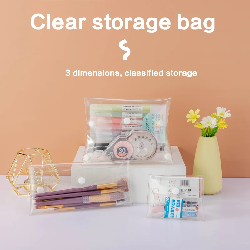 Four Sided Open Button Style PVC Pencil Bag With Multifunctional Transparent Storage Bag Customized Printing Pattern Clear Pouch