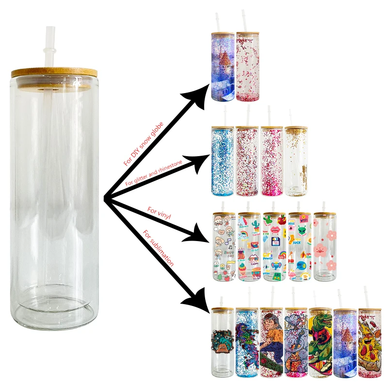 USA warehouse 20oz straight Sublimation pre drilled snow globe glitter 20oz double wall glass tumbler For Heat Transfer Printing