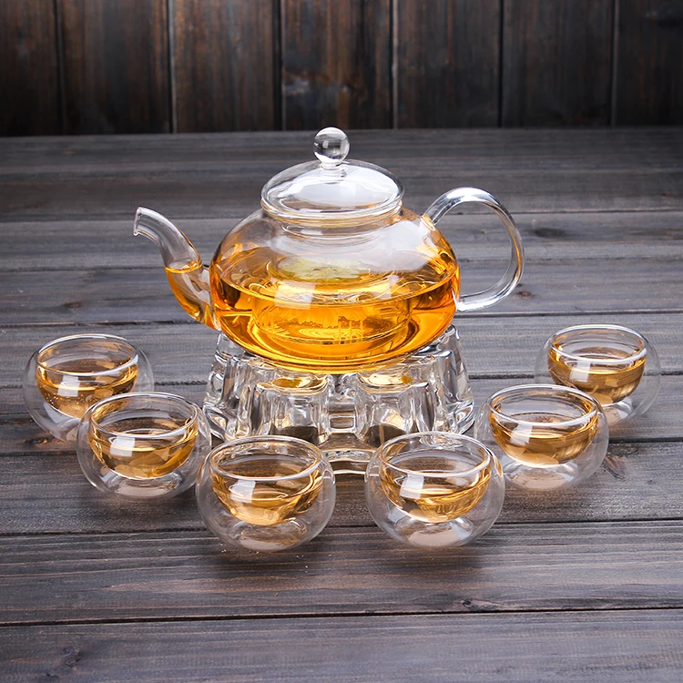 China kongfu tea set clear glass tea pot with cups warmer