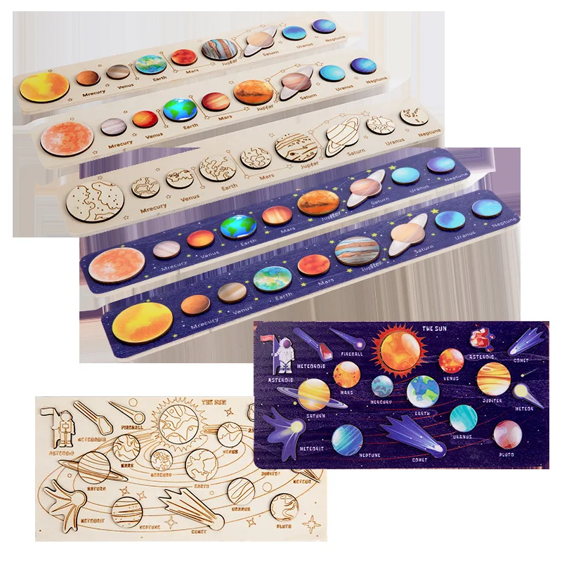 Removable Planets Outer Space Themed Educational Puzzle Game Toy Solar System Model Board Wooden Science Toys for Kids