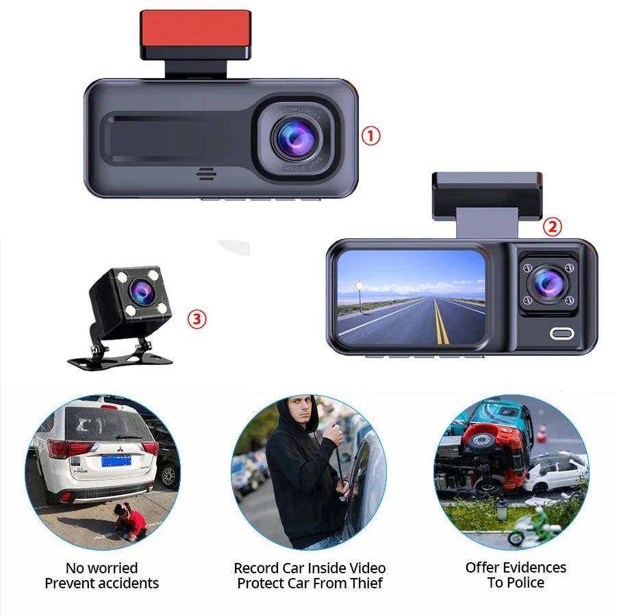 Car DVR Camcorder Black Box Video Recorder 2 Inch Mini Dash Cam For Car 3 Lens Camera Loop Recording 24 Hours Parking Monitoring