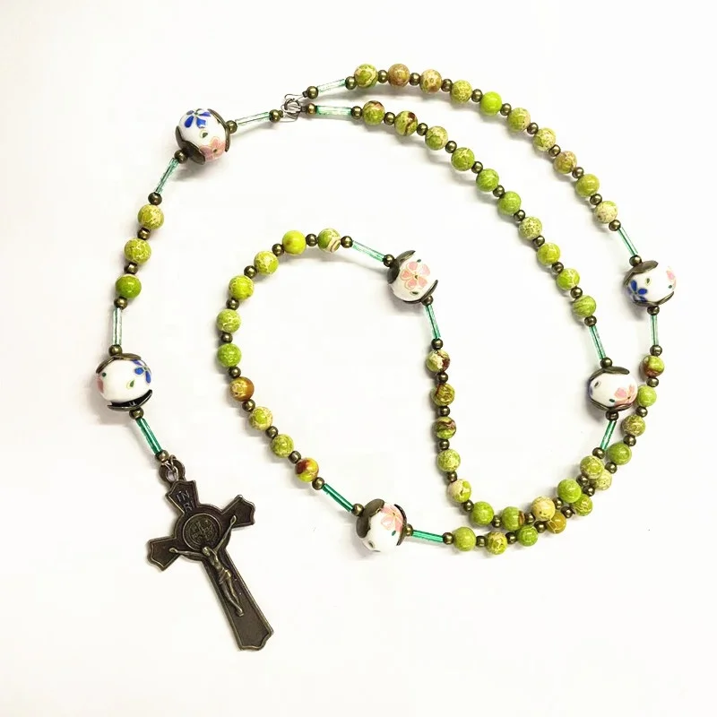 NEW 2023 Catholic St Benedict Centerpiece Malachite Beads Cross Crucifix Pendant Sweater Chain Rosary