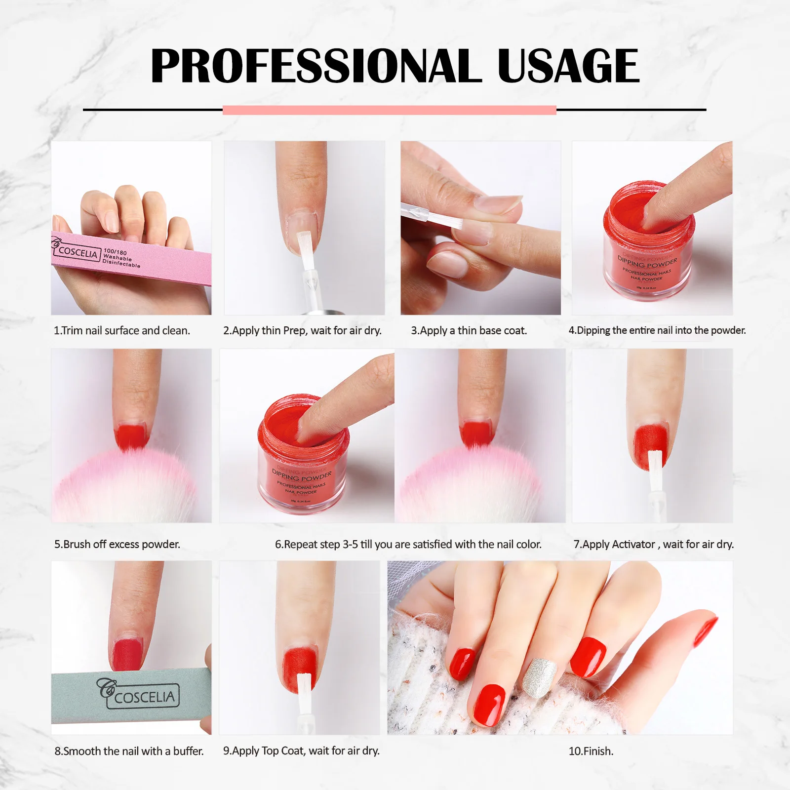 COSCELIA Professional Bulk Dipping Powder Acrylic Nails Kit Colors Nude Custom Logo Top Coat Extension Nail Art Supplies