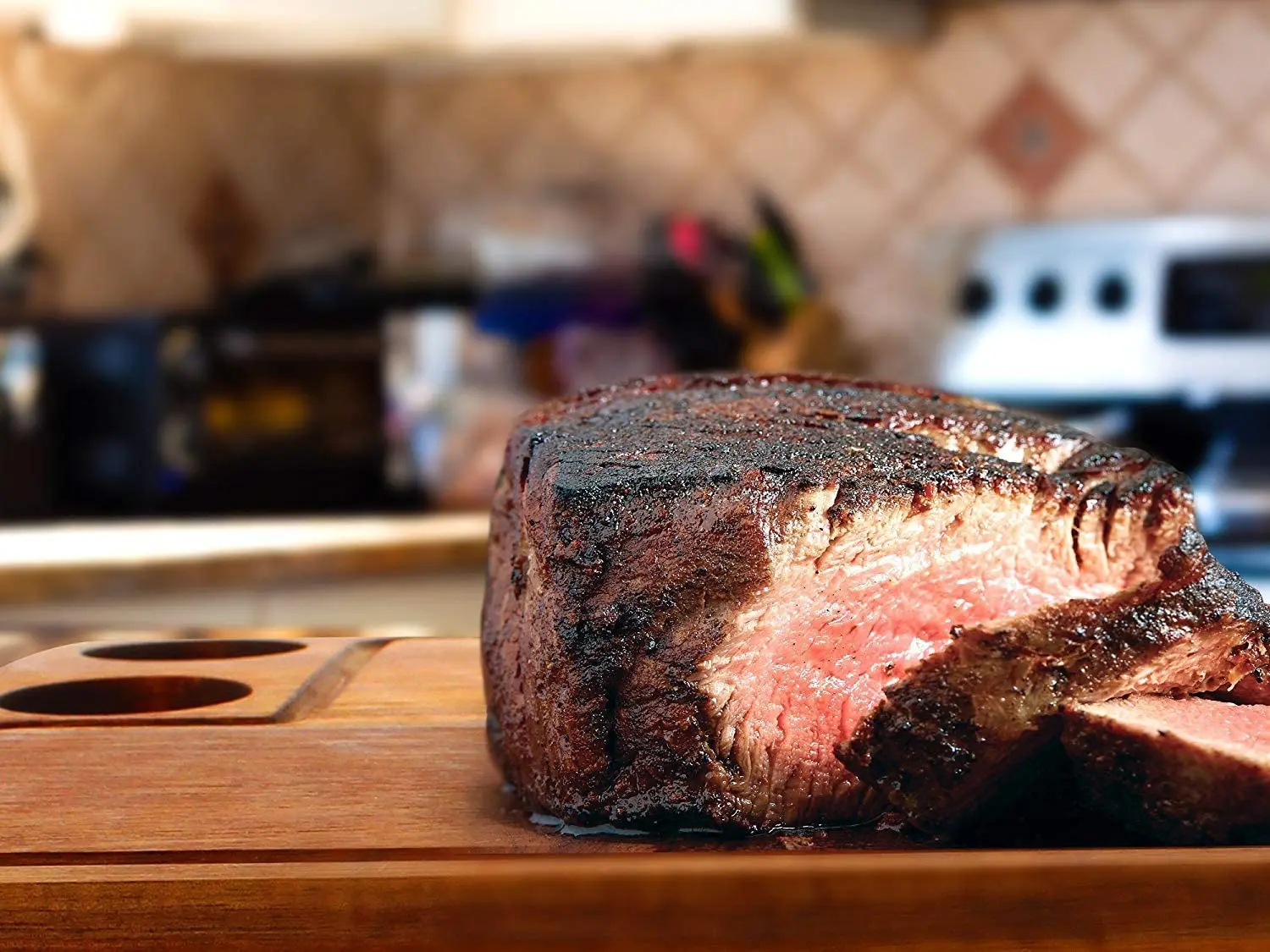 Acacia Steak Board with Knife Holder Plate for Serving, Wooden Cutting Board for Kitchen