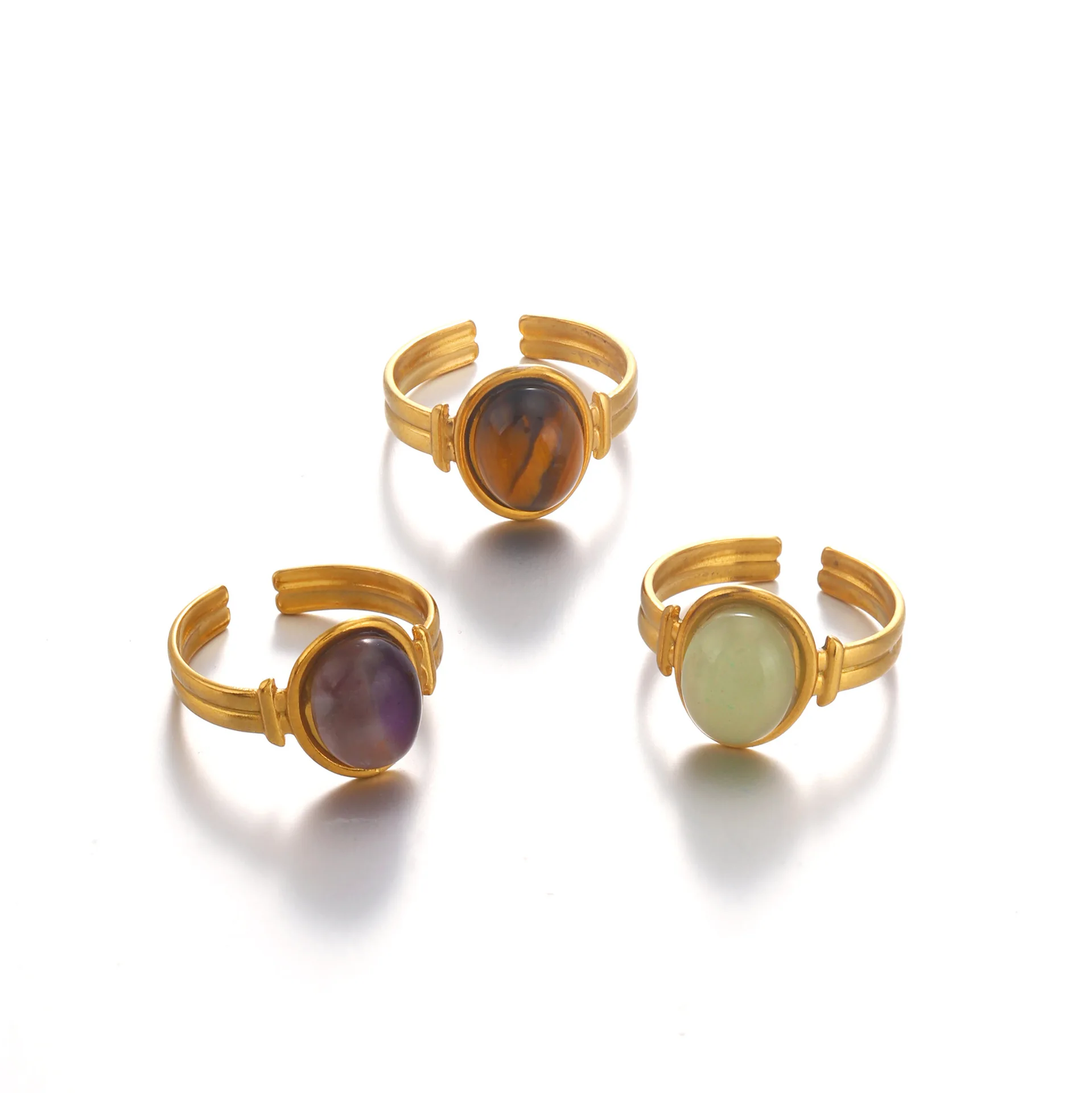 Vintage 18K Gold Plated Natural Stone Tiger Eyes Open Adjustable Ring Non Tarnish Stainless Steel Green Aventurine Gold Ring