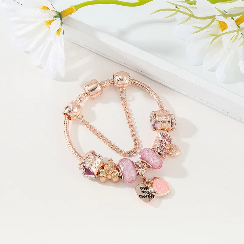 Love Gift to Mom Original charm bracelet  Pink Rose Heart Charm fit Rose Gold Snake Bead Bracelet