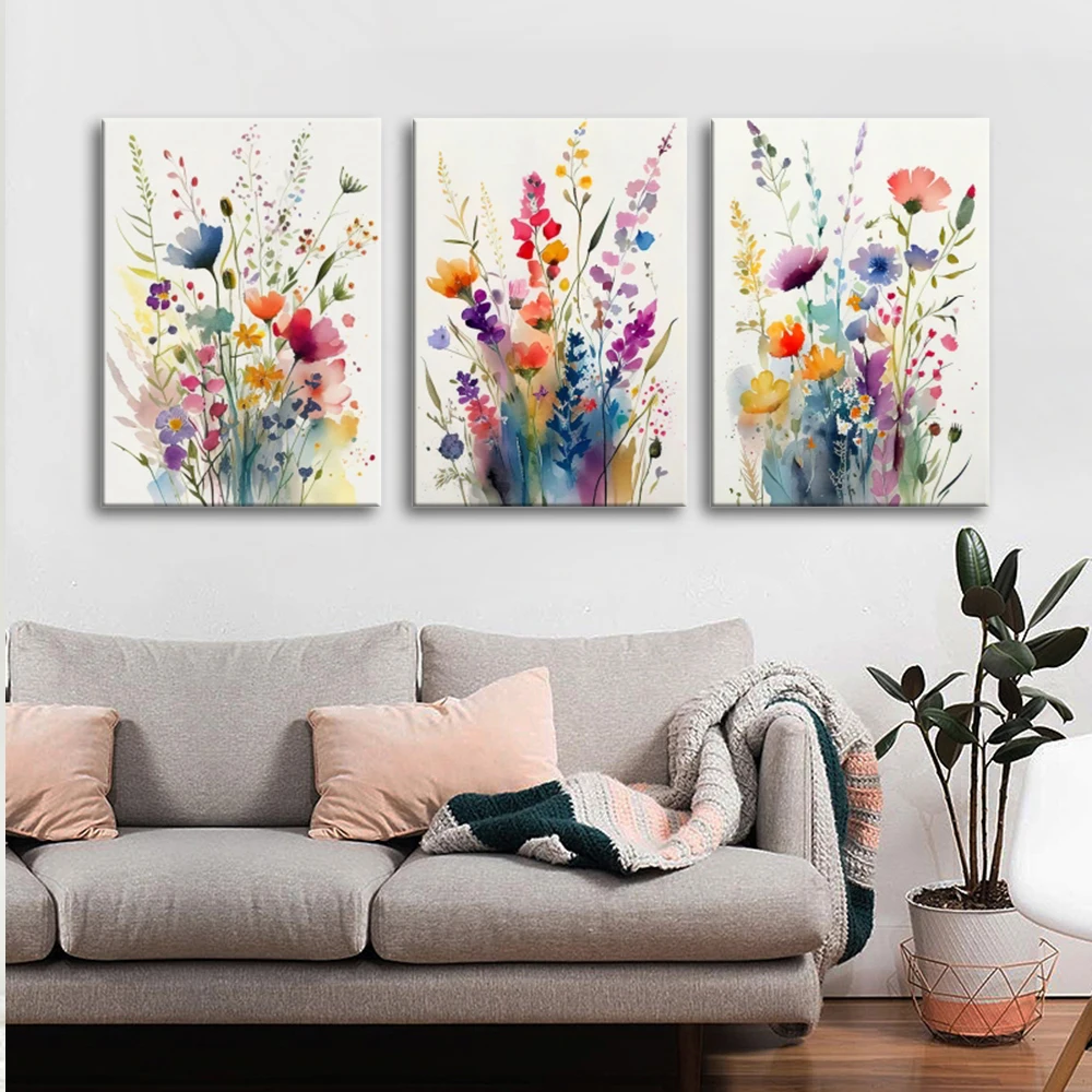 Modern Home Decor 3-Piece Set Beautiful Colorful Flowers of the Field Paintings Decorative Wall Art Wall Panels