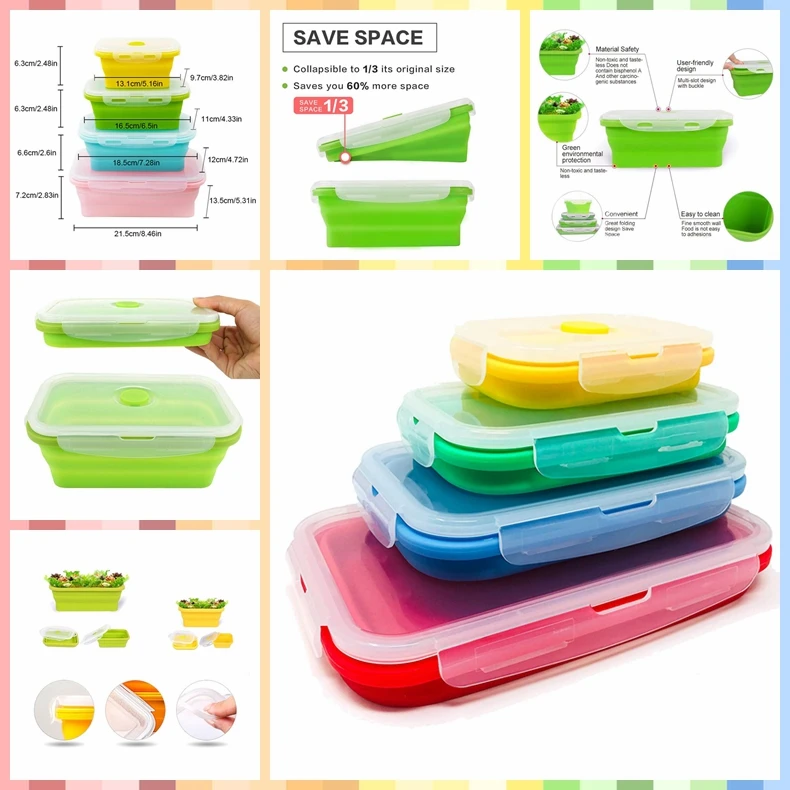 Hot Selling Microwave Safe Japanese Collapsible Silicone Lunch Box Set of 4 Pieces/Silicone Folding Lunch Box