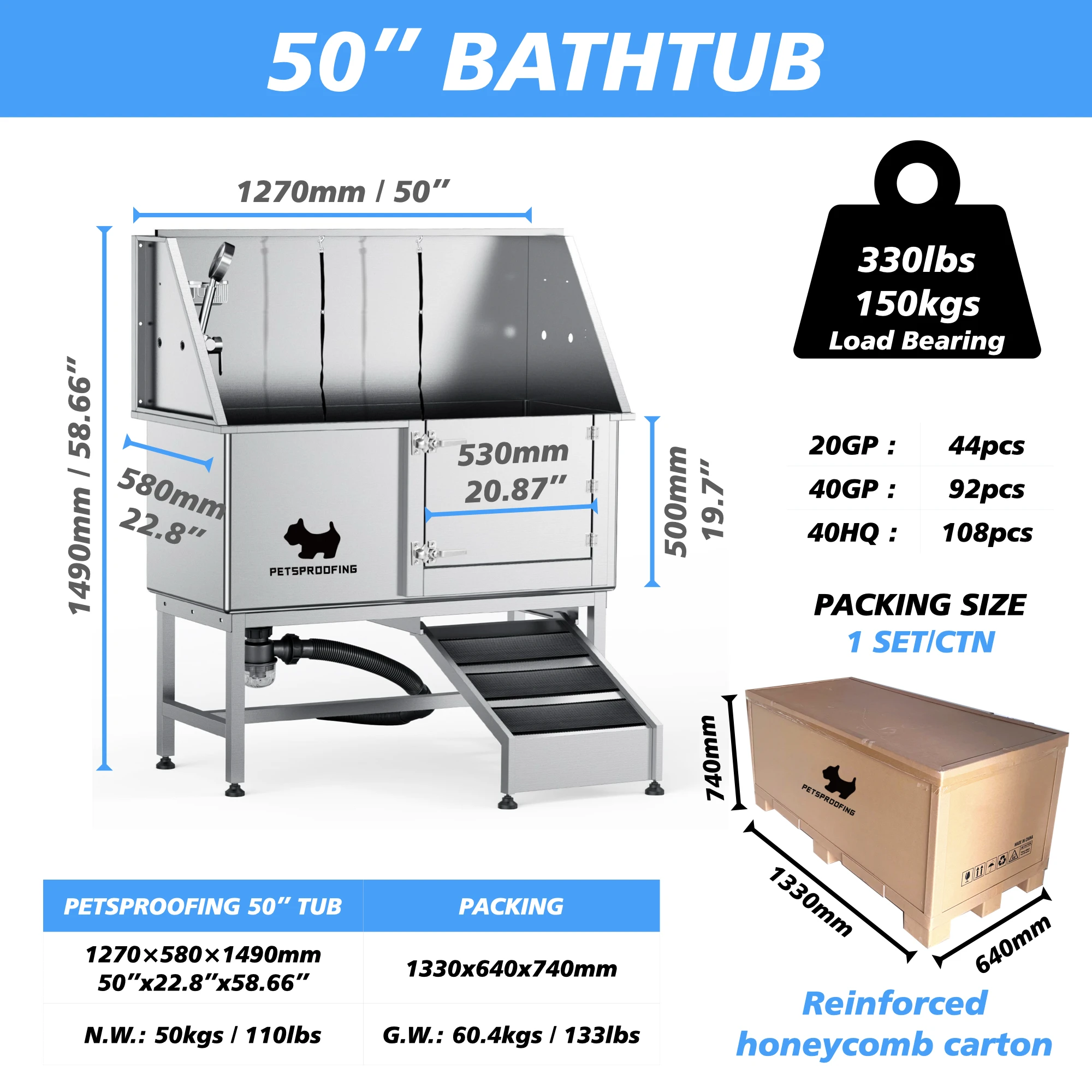 PETSPROOFING Salon shop portable stainless steel Pet spa grooming Bathtub bath sink dog bath tub for dogs