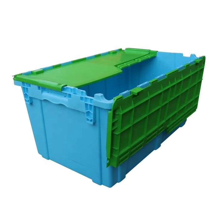 QS PP 75L 680*430*320mm Heavy Duty Nested Stackable Turnover Tote Bins Plastic Moving Crates Hinged lid for Home Cloth Storage