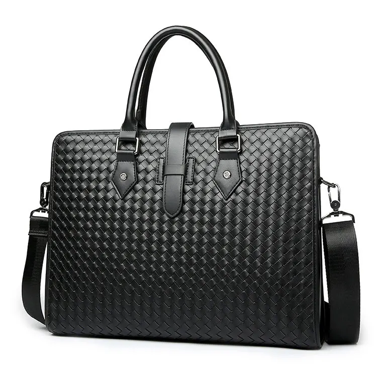 Custom Logo Mens Leather Laptop Briefcase Documents Handbags Weave Business Bag