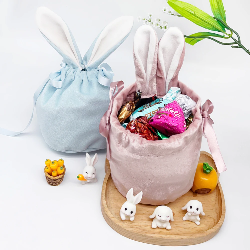 Plush Sublimation Easter Basket Rabbit Ears Gift Bag Drawstring Velvet Easter Bunny Bag
