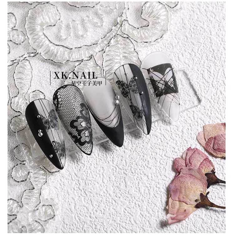 Hot sale nail art lace transfer foil nail lace stickers nail black and white lace foil 4*100cm