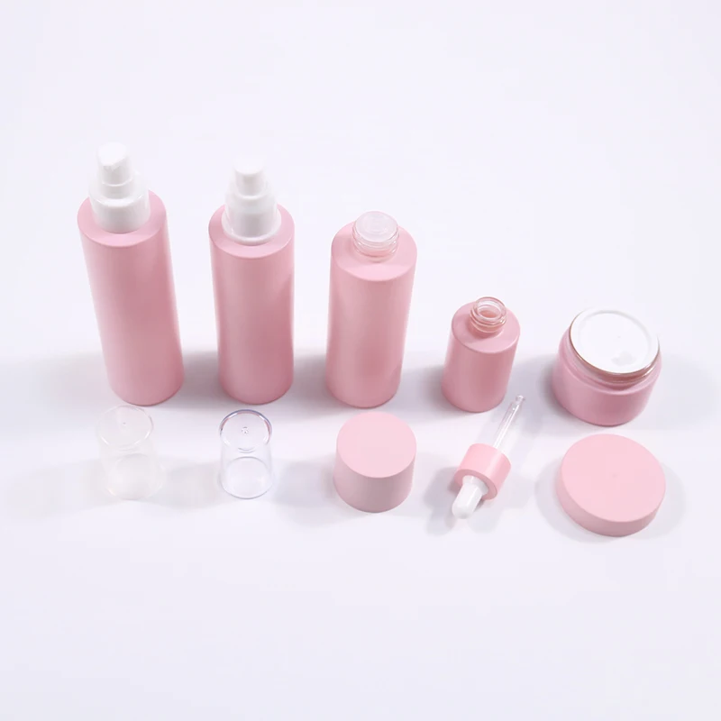 Matte Frosted Pink Skincare Packaging 30ml Glass Dropper Bottle 50ml Airless Pump Jar 100ml 120ml Glass Spray Pump Bottles Oils
