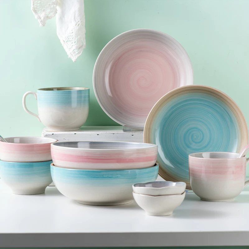 Elegant Blue&Pink Underglaze Porcelain Reactive Glaze Stoneware with Dessert Plate Cup&mup Bowl Tableware Ceramic Dinnerware Set