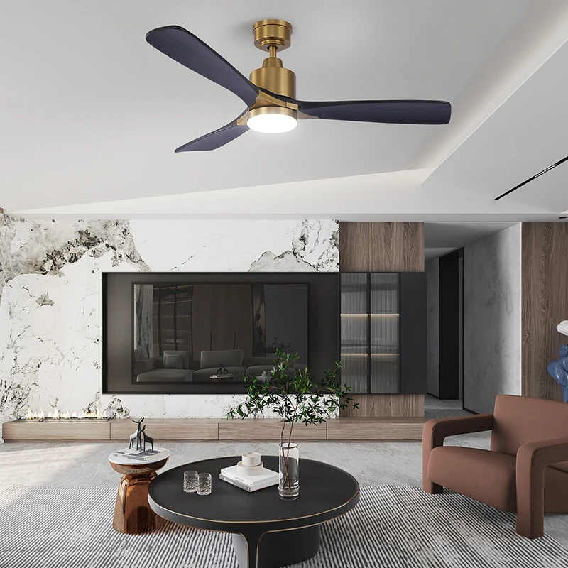 Modern 52' Copper Black 3 Solid Wood Metal Body Led Ceiling Fans With 3 Color Dimming 1-6 Gears Speed All Copper Motor