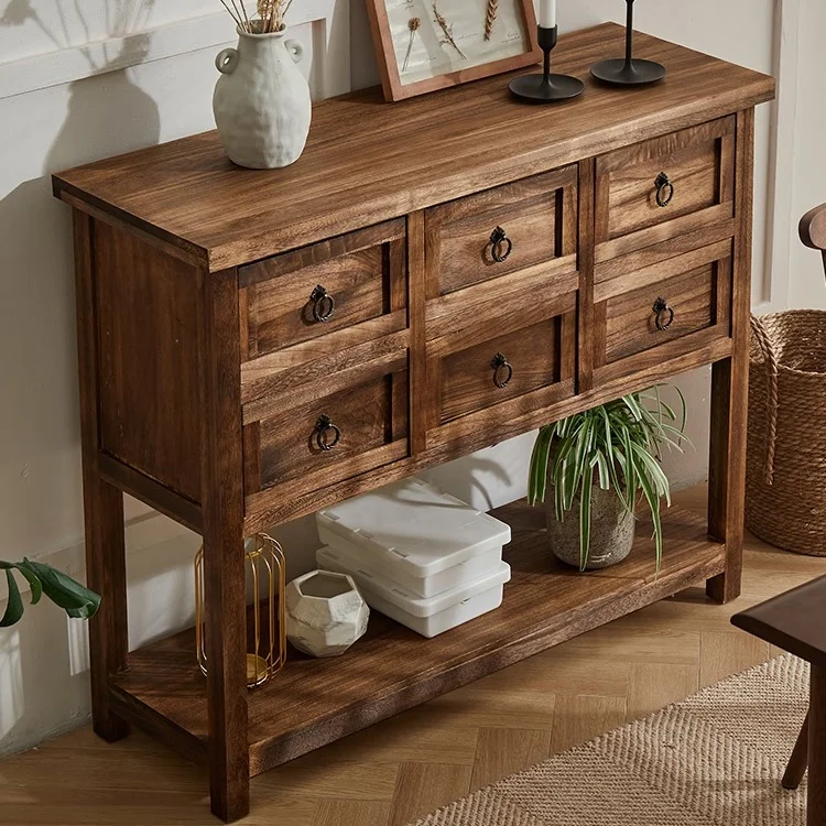 wholesale vintage wooden sideboard handmade 100cm solid wood living room console tv cabinet with 6 drawer