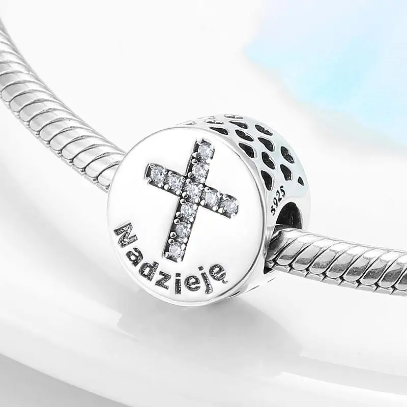 Real 925 sterling silver Hope metal Beads Virtues of the Bible Cross CZ Charms for Bracelets jewelry making for Gift Party Daily