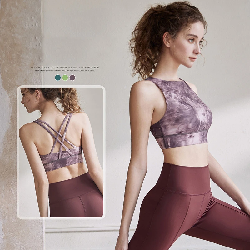 Fashion High Neck Yoga Crop Tops Tie Dye Fitness Sports Bra Cross Back