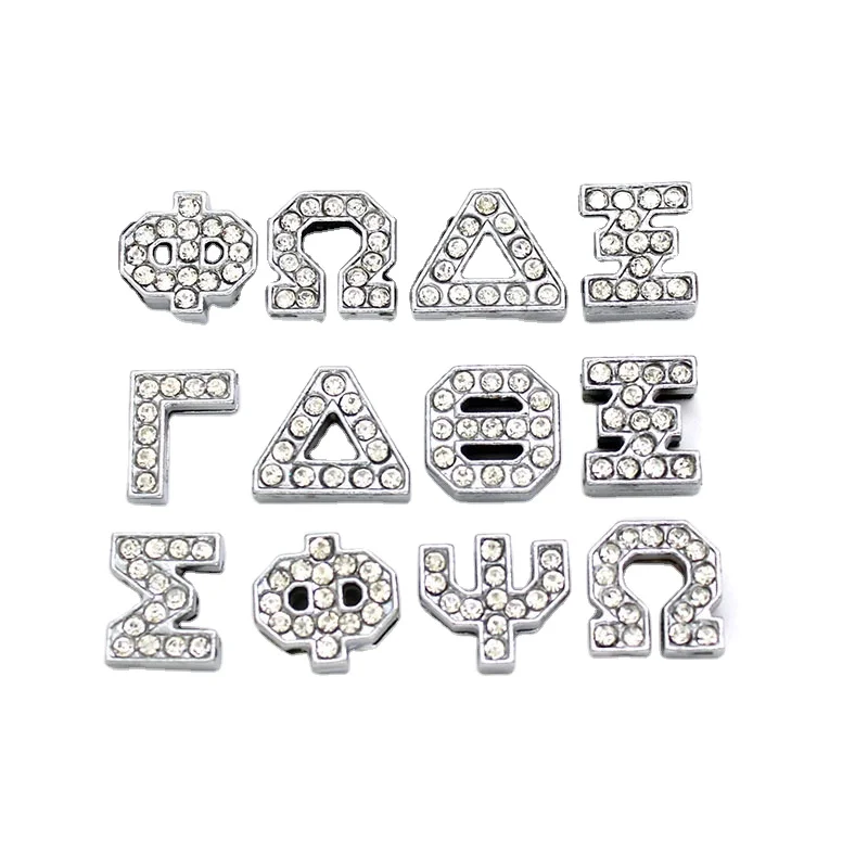 8mm Silver Color Rhinestone Greek Alphabet Sliding Letters Slide Charms Letter for DIY Wristband Wrist Strap Bracelet Accessory