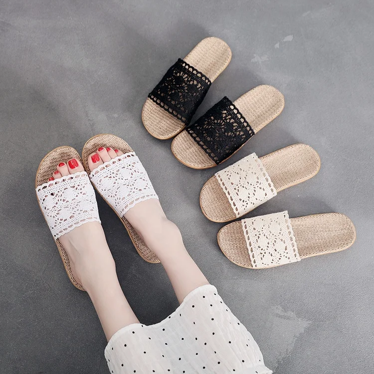 A word flip flops lace high quality women house indoor cheap summer indoor slippers linen